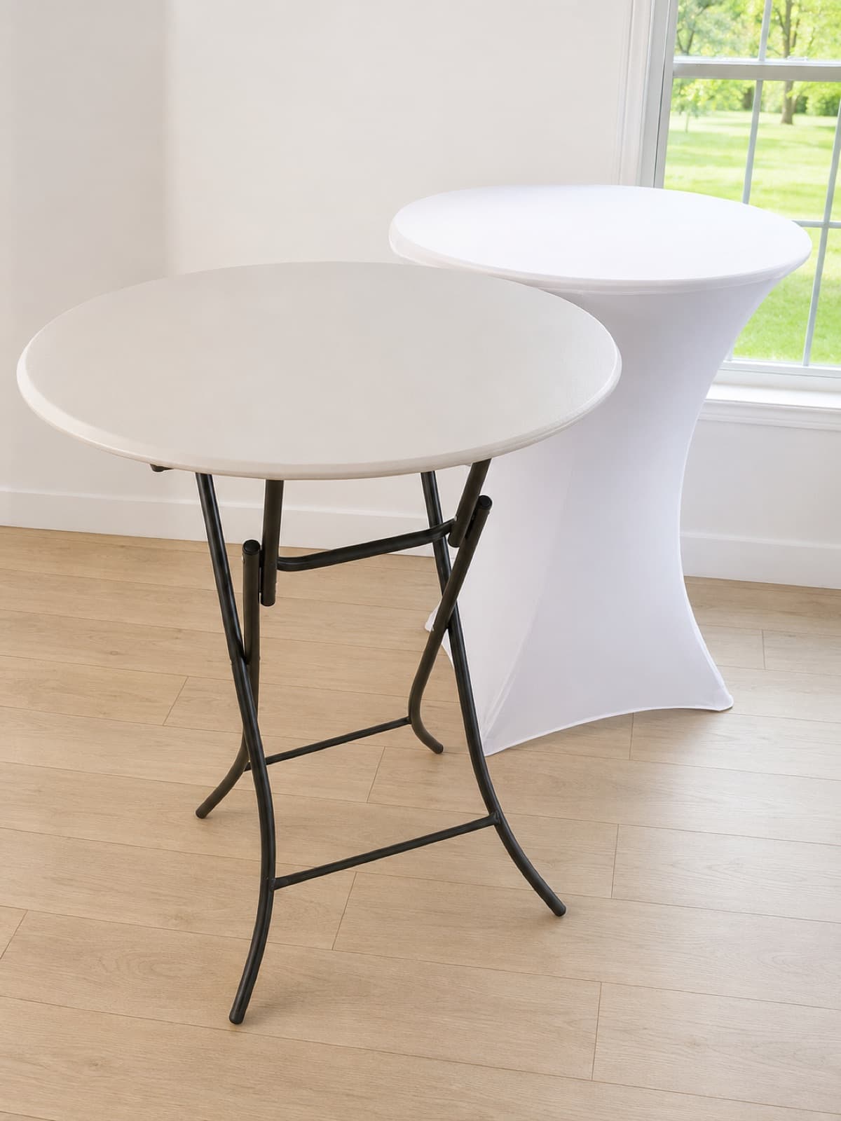 Cocktail table — bar height, shown bare and with a white spandex cover